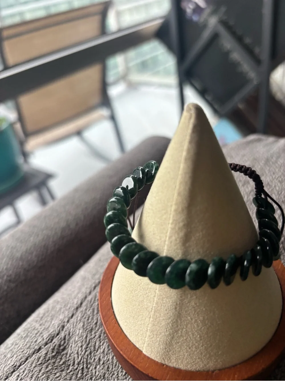 Dark Green Jadeite Beaded Adjustable Bracelet